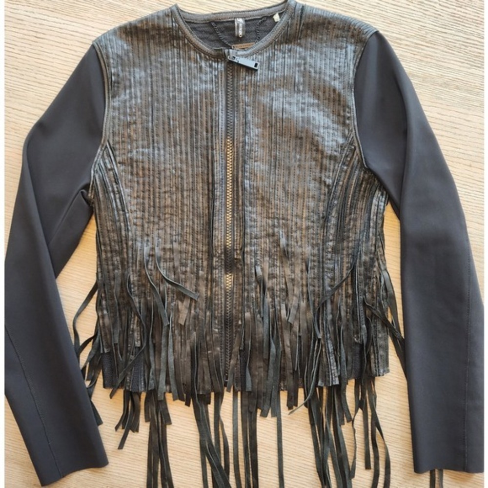 🔥Elie Tahari Paulina Black Lamb Leather Fringe Zip Jacket. Gritty Boho Fringe